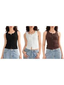 Women Ribbed Knit Tank Tops Lace Trim Buttons Casual Vests Summer Loose Sleeveless Tops Streetwear - White - View 3