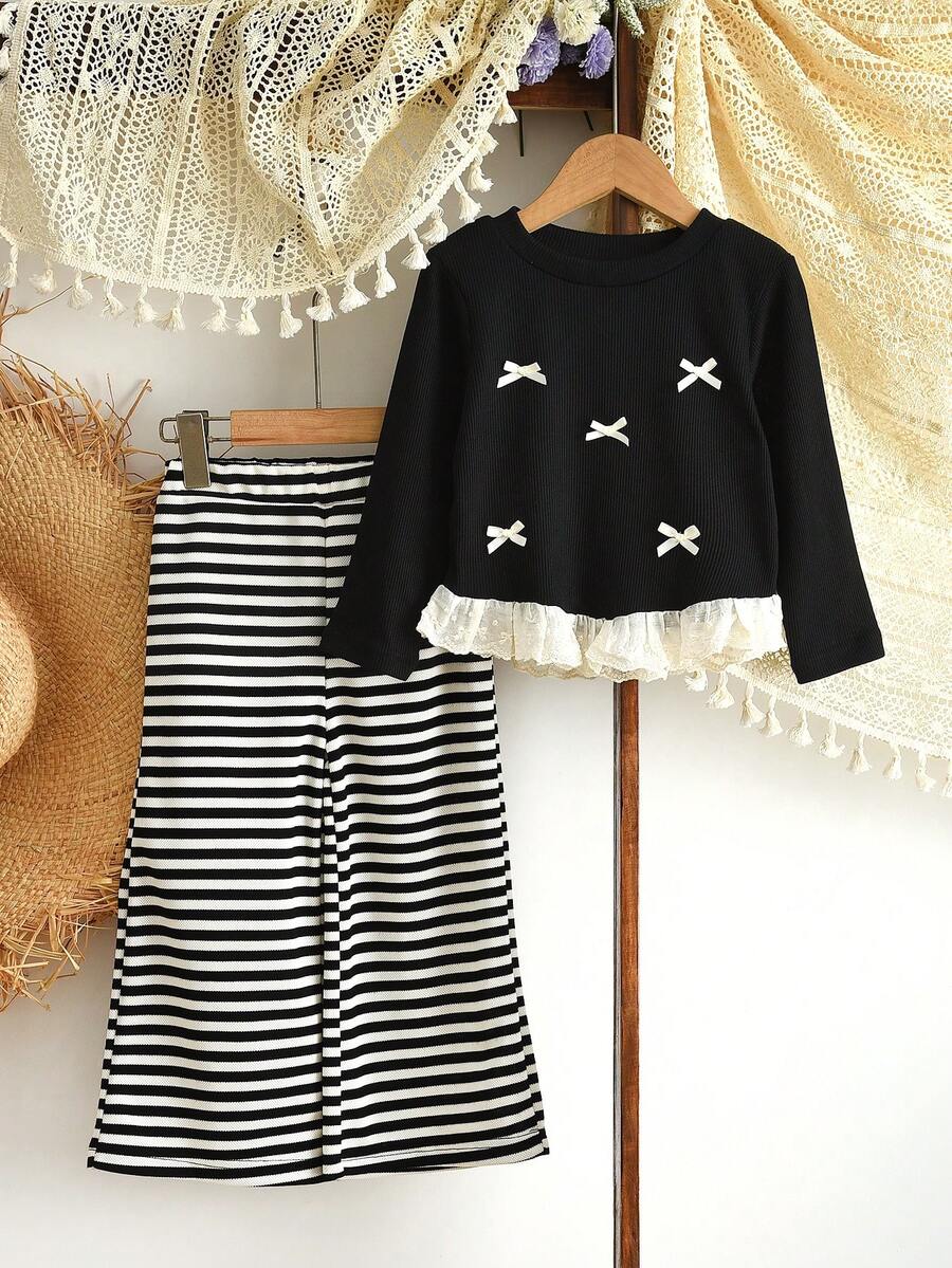 秋季少女休闲针织面料长袖蝴蝶结上衣和条纹长裤两件套 - 黑色 - 查看 1