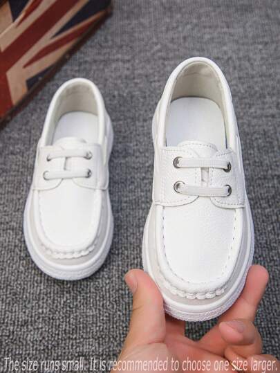 1 Pair Youth & Kids White Loafers (Run Small), Classic Stitching Patchwork Design, Breathable Non-Slip Lightweight Casual Slip-On Shoes For Boys And Girls, Suitable For School And Daily Wear, White Lace-Up Sneakers