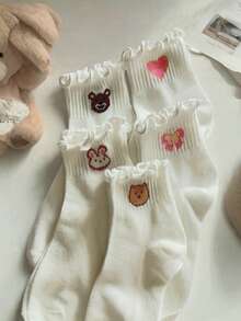 5pcs/10pcs Versatile White Ruffle Trim Mid-Calf Socks, Cute Cartoon Breathable Moisture-Wicking Odor-Resistant Socks - Multicolor - View 2