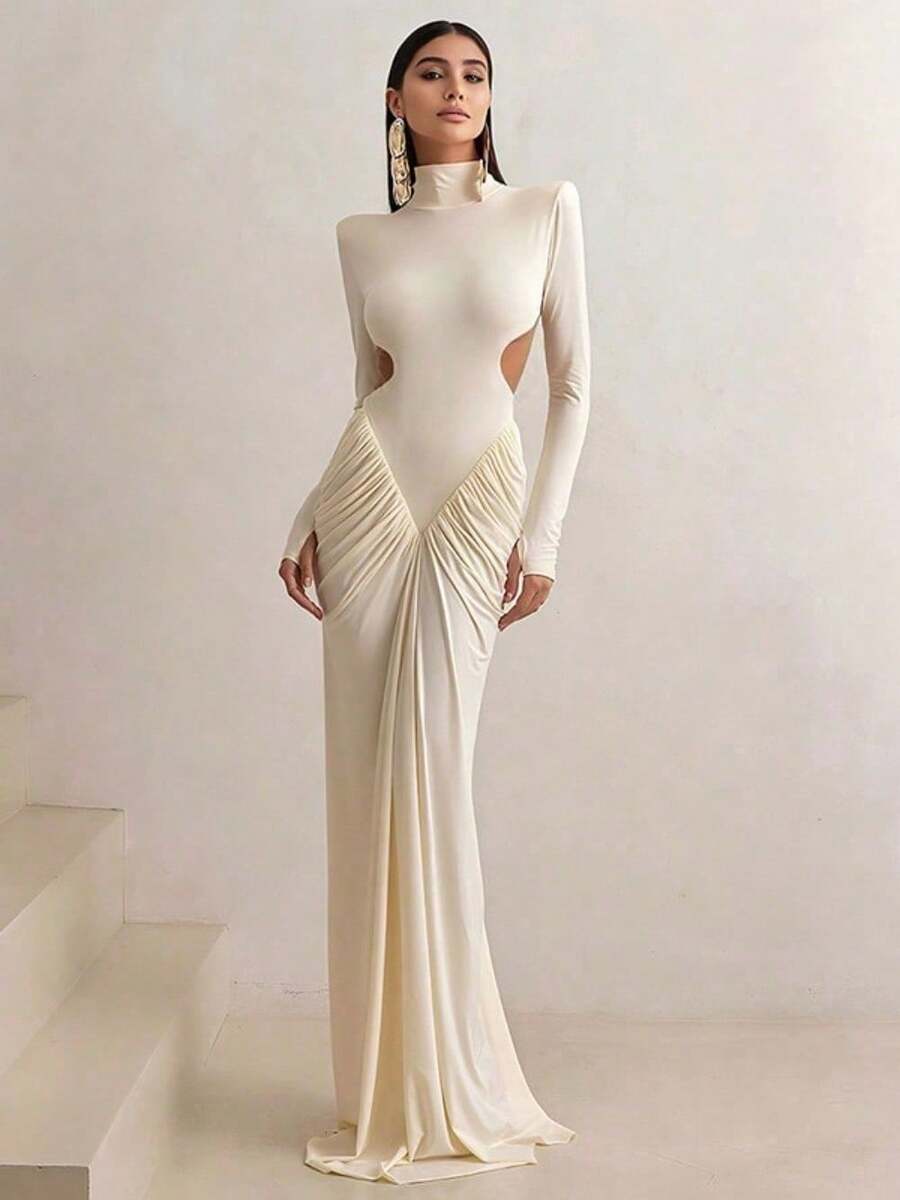 2025 Summer New Women's High-Neck Temperament Slim Sexy Backless Solid Color Long Dress - Apricot - View 1