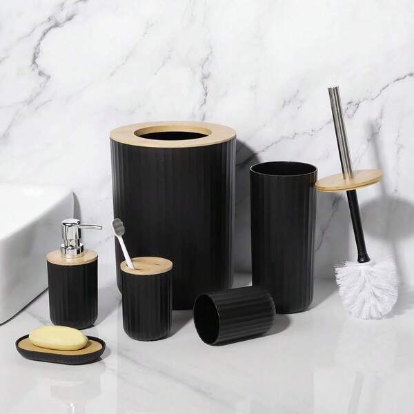 Super life 6-Piece Multifunctional Bathroom Storage Set, Plastic Bathroom Accessories Including Toothbrush Holder, Mouthwash Cup, Soap Dispenser, Soap Dish, Toilet Brush, Trash Can Home Bathroom Decoration Bathroom Accessories Bathroom Storage Summer, Suitable For Home, Birthday, Valentine's Day, Christmas, Best Friend, Mom, Wife, Daughter, Girlfriend, Colleague Gifts