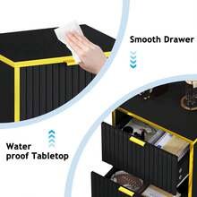 Nightstand With LED Lights, Morden Night Stand With Gold Frame, Fluted Nightstand With Drawers, Bedside Table With Storage, Side Table For Bedroom, Black/ White - 黑色 - 查看 6