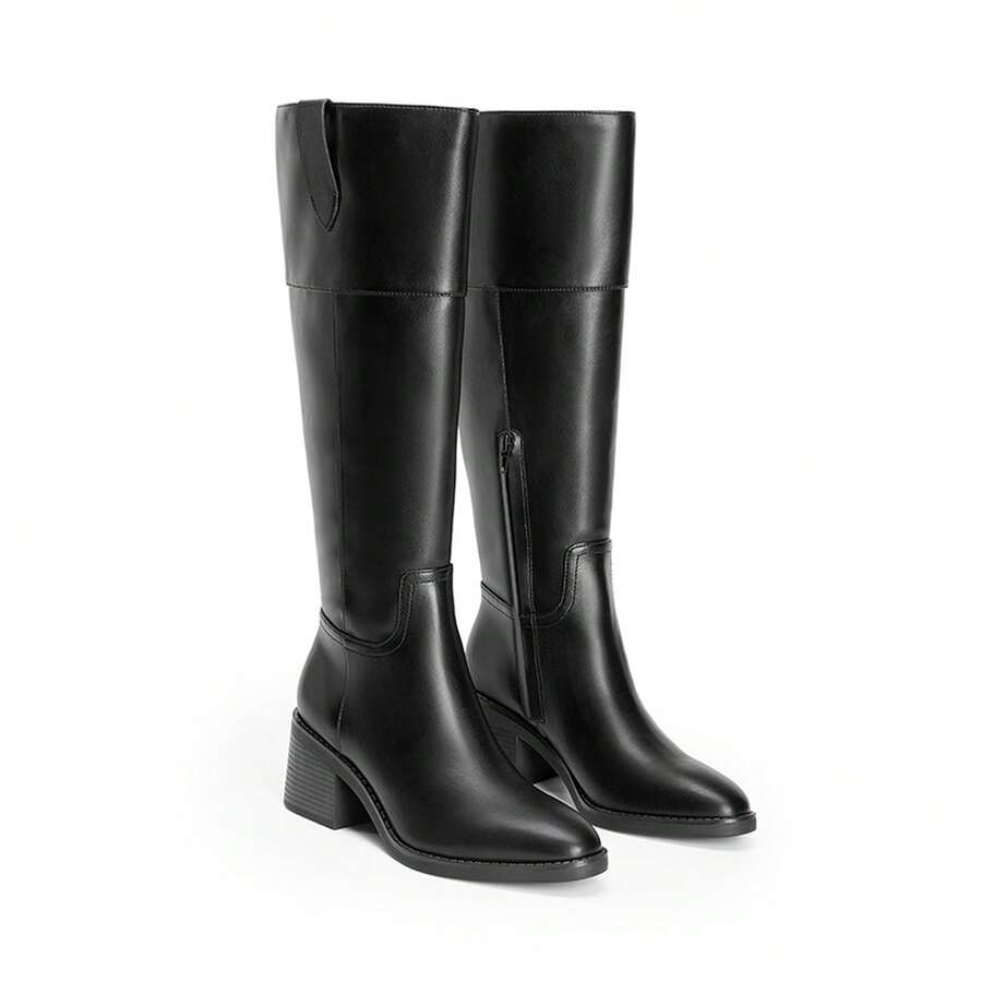 Women's Knee High Boots Chunky Heel Side Zip Tall Boots Classic Solid Color Retro Fashion Boots For Outfits Autumn/Winter - màu đen - Xem 1