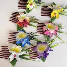 1pc Tropical Artificial Hibiscus Flower Hair Comb - Hawaiian Bridal Hair Accessory, Includes Yellow, Blue, Pink Flowers And Green Leaves, Suitable For Straight/Wavy/Curly Hair - Beach Wedding Decor, Tropical Party Accessory, Realistic Floral Design, Polyester Flower Print Boho, Combs, Hair Comb, Side Comb, Combs For Hair, Bride To Be