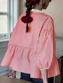 Women's Fashion Striped All-Over Print Contrast Color Bow Tie Ruffle Hem Blouse