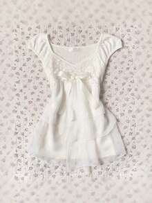 Y2k Kawaii White Ruffle Sweet Blouse Women Japanese Fashion Fairy Bow Sleeveless Tops New Harajuku Elegant Slim Summer Shirts - 最高額 - 查看 1