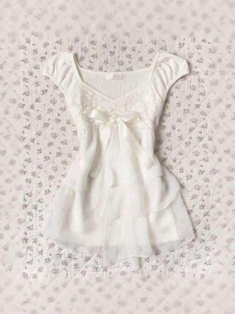 Y2k Kawaii White Ruffle Sweet Blouse Women Japanese Fashion Fairy Bow Sleeveless Tops New Harajuku Elegant Slim Summer Shirts - 最高額 - 查看 1
