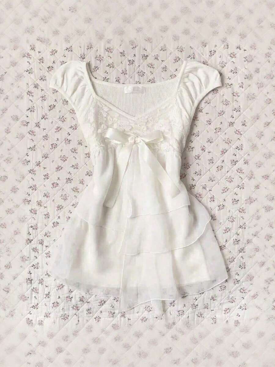 Y2k Kawaii White Ruffle Sweet Blouse Women Japanese Fashion Fairy Bow Sleeveless Tops New Harajuku Elegant Slim Summer Shirts - 最高額 - 查看 1