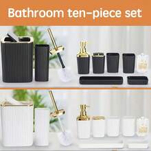 10 piezas Juego de accesorios de baño - Incluye soporte para cepillo de dientes, vaso para enjuague bucal, dispensador de jabón, bandeja, jabonera, dispensador de jabón, papelera de tipo prensa y soporte para cepillo de baño - Material de plástico duradero, perfecto para la decoración del baño moderno, construcción de plástico, juego de baño de hotel, regalo de inauguración de la casa