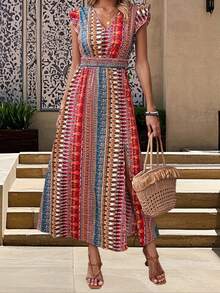 Women Summer Side Split Dress Flying Sleeve V Neck Pattern Print Dress For Party Club - 紅色 - 查看 5
