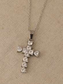 1pc Fashionable Cubic Zirconia Cross Stainless Steel Pendant Necklace, Suitable For Daily Wear, Party And Casual