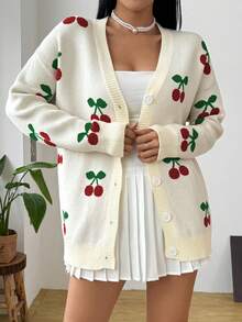 Cherry Pattern Mid-Length Cardigan, Elegant Fashion Casual Versatile Button-Up Sweater Jacket, Autumn/Winter
