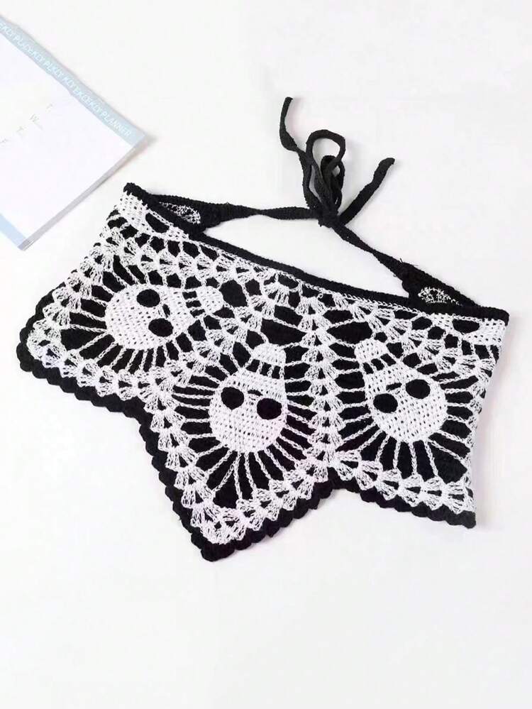 1件哥特式蜘蛛网钩编发饰 - 黑色蕾丝发带配蝴蝶结、三角巾、头巾和帽子，完美适用于万圣节和哥特时尚，万圣节发饰 | 骷髅头设计 | 纹理睡帽 - 彩色 - 查看 12