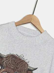 女士卡通奶牛印花圆领毛衣，休闲长袖圆领套头衫，适合秋冬季节，时尚女士针织衫，日常穿着，上衣 - 灰色 - 查看 5