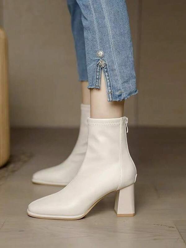Botas de tobillo para mujer estilizadas en beige, otoño invierno, botas de tobillo con tacón grueso blanco, tacón alto, estilo occidental, cremallera trasera, vacaciones