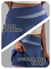 Soyun 女士运动纯色二合一轻便短裙，适合户外活动、旅行和健身房 - 藍色 - 查看 8