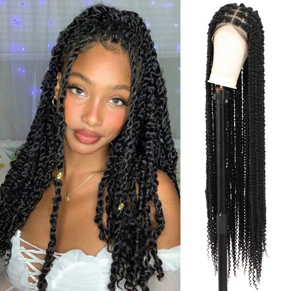 Perucas trançadas com torção de mola quadradas sem nós para mulheres, super longas, 46'', com trança frontal dupla e trançada com cabelo sintético de bebê, perucas trançadas com torção de paixão e cachos boho na ponta