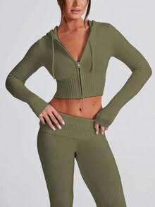 1pc Women's Fashionable Sexy Casual Solid Color Zipper Sweater - Olive Green - View 3