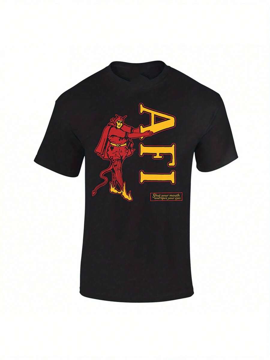 AFI Shut Your Mouth And Open Your Eyes Graphic T-Shirt - Black Unisex Regular Fit With Bold Red & Yellow Devil Print, All Sizes, Hand Wash Only, Year-Round Casual Wear, Allseason Apparel, Bohemian Style, Nontransparent Fabric - màu đen - Xem 1