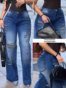 Women's Jeans, Y2K Style Women's Wear, Fashionable Casual Loose Jeans, Straight-Leg Jeans, Suitable For All Seasons, Perforated And Decorated, Simple And Full Of Street Style, Suitable For Going Out, Cocktail Parties, Parties, Christmas, Nightclubs, Banquets, Film Festivals, Cinemas, Balls, Cocktail Parties, Weddings, Graduation Ceremonies, Back-To-School, Birthday Parties, Rebellious Girls Festival-Themed Parties, Outdoor Outfits, Streetwear, Fashion Shows, Dates,Pantalón Jean Mujer,Women Clothes,Jeans Para Mujer,Pantalones De Mujer Jean,Ropa De Mujer,Tall Jeans Women,Y2k Clothes,Going Out Outfits,Holiday Outfits For Women,Vacation Outfits Women,Club Outfits For Women,New Years Outfit Women,Holiday Outfits For Women - 中等水洗藍 - 查看 5