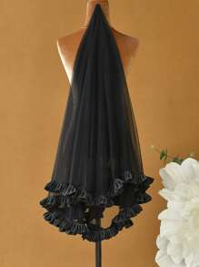 1 pieza Velo de novia negro con ribete de satén fruncido, decoración vintage para Halloween, boda, ropa bohemia de otoño para mujeres