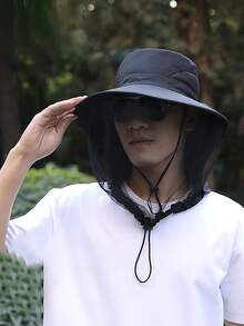 1pc Sun Hat With Anti-Mosquito Net Mesh Face Cover, Unisex Outdoor Fishing, Hiking, Sun Protection Wide Brim Breathable Net Mask Hat