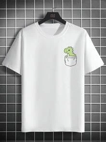 Men's Casual Cartoon Dinosaur Print Round Neck Short Sleeve T-Shirt, Summer Cute T Shirt Cartoon Shirt Dinosaur Shirt Pocket Tee Graphic Tee - Blanco - Ver 2