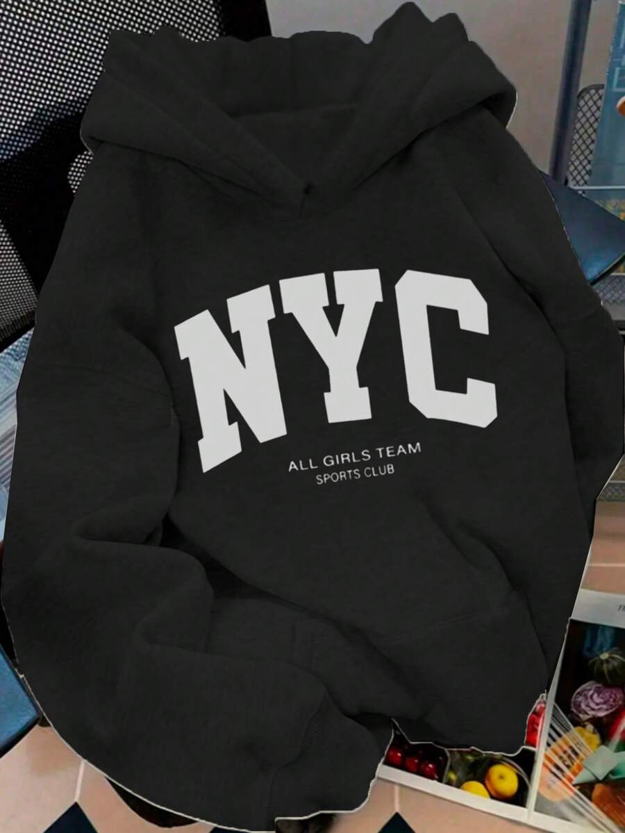 Sudadera Con Gorro Bolsa Estampado NYC Mujer - Negro - Ver 1