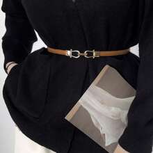 1pc PU Leather Skinny Adjustable Waist Belt With Metal Buckle, Suitable For Dresses, Autumn & Halloween