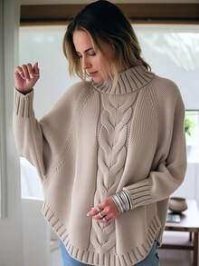 Suéter de cuello alto simulado con cable, suéter de manga murciélago vintage con dobladillo curvado, ropa de mujer