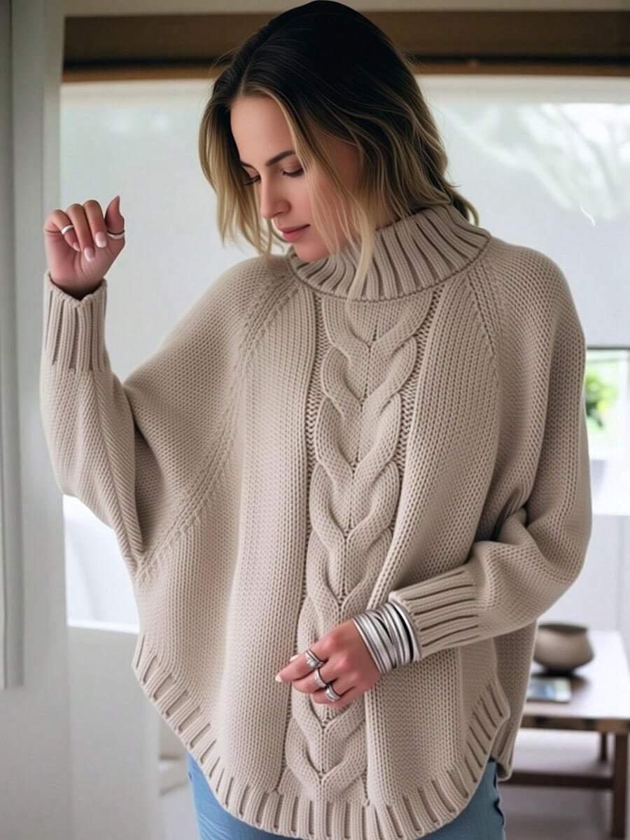 Suéter de cuello alto simulado con cable, suéter de manga murciélago vintage con dobladillo curvado, ropa de mujer