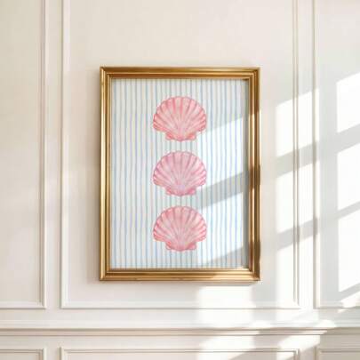 1pc Frameless Coastal Babycore Wall Art Blush Blue Seashell & Stripe Digital Print, Dreamy Beach Aesthetic Decor For Dorm Room, Bedroom, Nursery | Sandy Neutrals, Room Decor Bedroom, Beachy Minimalism, Back To School, Seaside Poster, Gifts For Beach Housewarming