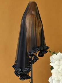 1 pieza Velo de novia negro con ribete de satén fruncido, decoración vintage para Halloween, boda, ropa bohemia de otoño para mujeres