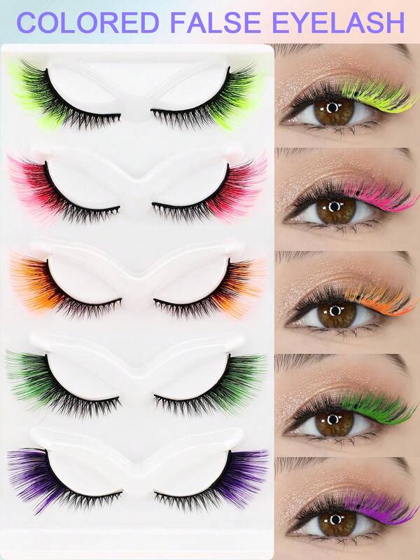 5 Pairs Colorful 3D False Eyelashes C Curl Fluffy Faux Mink Lashes With Color Volume Natural Lashes Extension For Daily Party Festival Stage Makeup Use Strip Lashes, Lashes, Eyelashes, Fake Lashes