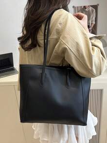 大容量单肩PU手提包纯色女包跨境时尚欧美通勤托特包返校大包 - 黑色 - 查看 8