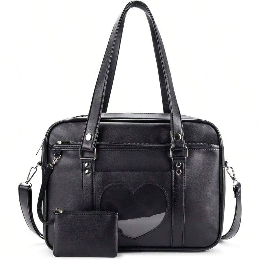 Kawaii Ita Bag Japanese School Bag Cute Tote Bag Large Shoulder Anime Heart Purse - Pu Black With Straps - View 1