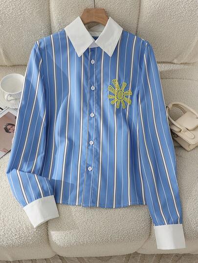 Camisa con botones con parches bordados y a rayas para mujer, para primavera/otoño