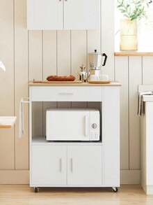 SoBuy FKW113-SCH, Kitchen Trolley Cart Storage Trolley Serving Trolley Kitchen Cabinet Microwave Cabinet, Black - White+Khaki - View 1