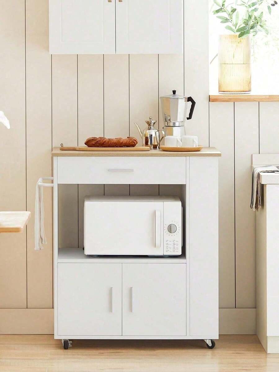 SoBuy FKW113-SCH, Kitchen Trolley Cart Storage Trolley Serving Trolley Kitchen Cabinet Microwave Cabinet, Black - White+Khaki - View 1