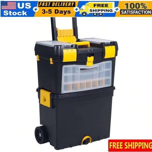 Portable Toolbox With Wheels Rolling Tool Storage Fold-Down Handle Rugged Design 24 Small Parts Compartments Ovable Trays Deep Bottom Compartment Comfort G Durable Polypropylene And Metal Construction