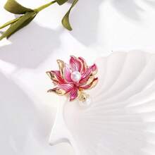 Pink Lotus Brooch With White Pearl Lapel Pin Exquisite Pearl Lotus Pin Gift For Women Girls Mother's Day Gift - Pink - View 2