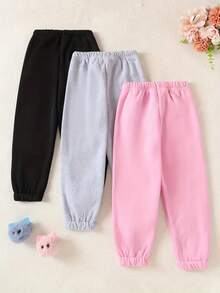 3 件套女童舒适内衬裤子，动物印花，柔软针织羊毛面料，休闲冬装，粉色、灰色和黑色，略有弹性，可机洗，涤纶混纺，适合秋冬季女童，女童服装，非常适合户外运动，涤纶运动裤，常规版型长款运动服，适合 12 岁及以下 - 彩色 - 查看 2