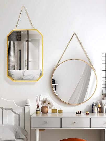 1 Stück wandmontierter Spiegel, goldener geometrischer Spiegel mit Kette, dekorativer Schminkspiegel, Veranda-Dekospiegel, Badezimmerwandspiegel, Schminkspiegel, geeignet für Badezimmer, Schlafzimmer, Wohnzimmer, Bogen