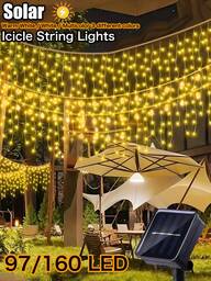 太阳能 97/160 LED 圣诞灯串户外 - 8 种模式冰柱灯，带 16/27 滴水，防水太阳能供电，仙女灯串带记忆功能，适用于派对、节日、婚礼、圣诞装饰，（多色/暖白）