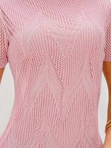 Casual Short Sleeve Midi Dress With Fringe Knit - Baby Pink - View 6