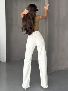 Jeans rectos de pierna ancha con acabado crudo para uso diario de verano para mujer