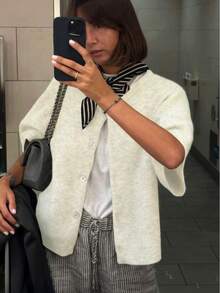 Women's Solid Color Cardigan Short Sleeve Round Neck Button Down Sweater Knit Tops