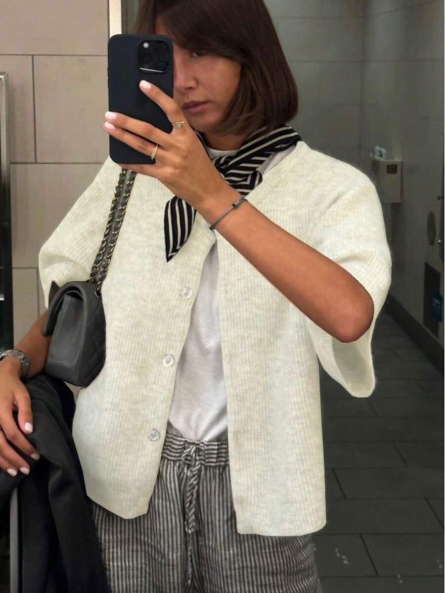 Women's Solid Color Cardigan Short Sleeve Round Neck Button Down Sweater Knit Tops