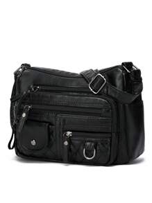 柔软多拉链口袋单肩包防水复古 PU 皮革斜挎包可调节肩带纯色 - 黑色 - 查看 6